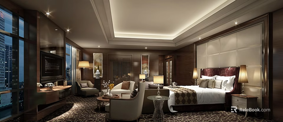 Elegant Hotel Room Interior With King Bed Seating Area And Ambient Lighting 3d model 