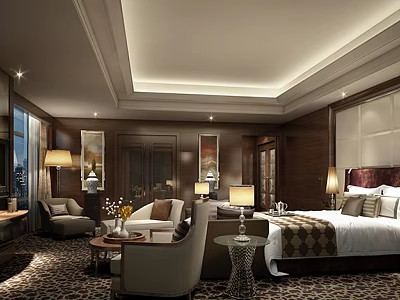 Elegant Hotel Room Interior With King Bed Seating Area And Ambient Lighting 3d model