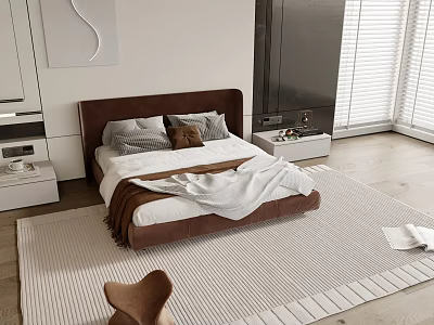 Modern Double Bed With Brown Headboard White Sheets Gray Pillows White Rug And Wooden Floor 3d model