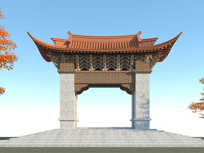 Chinese style archway ancient building gate 3d model