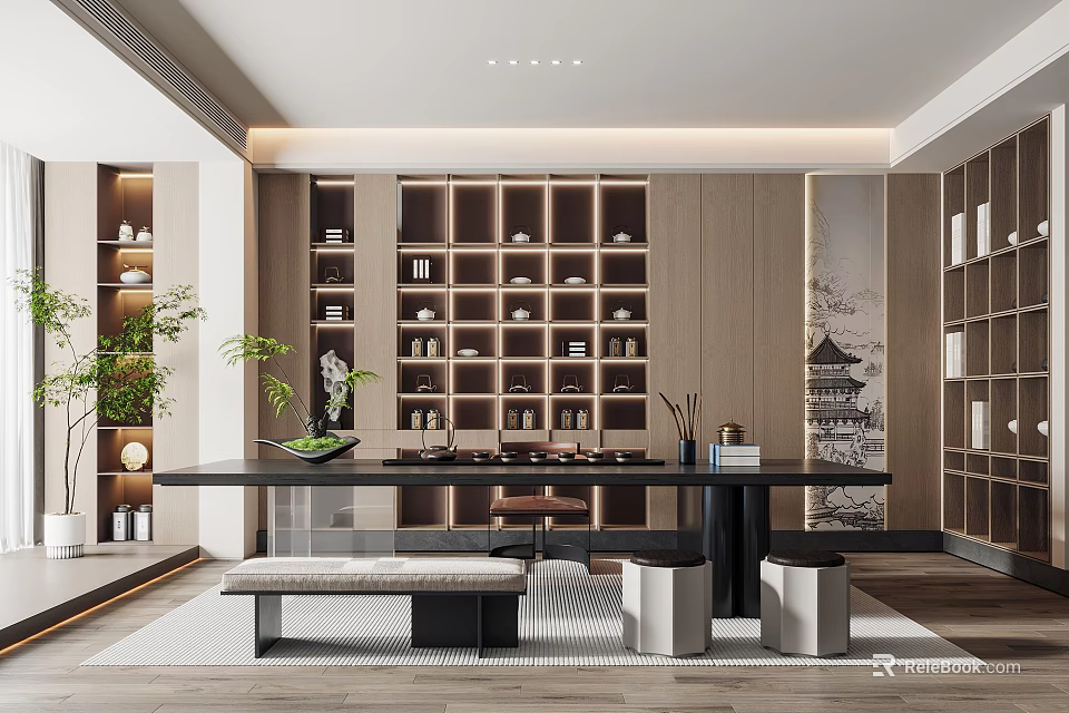 Modern Tea Room Interior With Long Table Storage And Plants 3d model