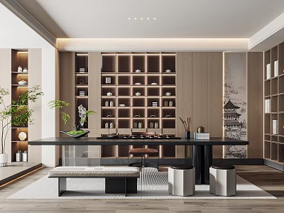 Modern Tea Room Interior With Long Table Storage And Plants 3d model