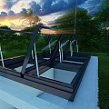 Detached Villa with Glass Roof Black Frame White Railings Gray Stone Slabs and Sunset Sky
