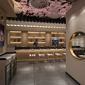 Traditional Japanese Restaurant Interior With Cherry Blossom Ceiling Decor Wooden Counter Bar And Seating