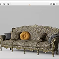 Classic Multi Person Sofa With Gold Carved Details Patterned Fabric Gray And Orange Throw Pillows