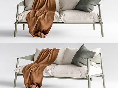 Minimalist Light Green Two Seater Sofa With Linen Upholstery White Cushions Gray Pillows And Brown Blanket 3d model