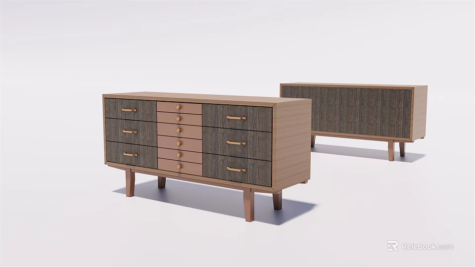 Modern Wooden TV Stand With Dark And Light Brown Drawers Cabinets And Slim Legs 3d model 