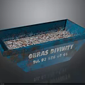 Rustic Blue Metal Container With Obras Divinity Text And Debris Inside