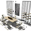 Modern Tea Table and Chairs Set With Decorative Screen And Pendant Lights 3d model