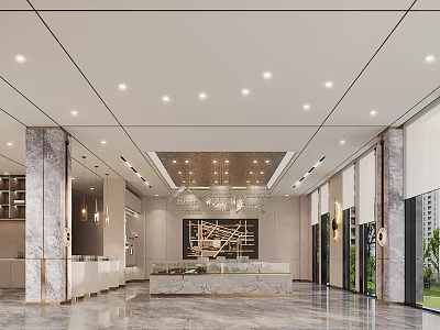Modern Sales Office With Marble And Chandeliers And Natural Light 3d model
