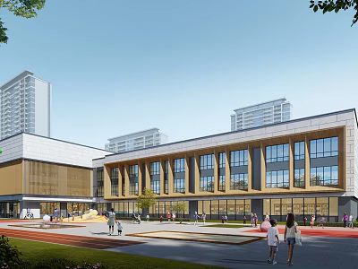 Modern School Building With Large Glass Windows And Students Walking On Campus 3d model