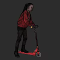 Cute Girl Riding Red Scooter Wearing Red Sweater Brown Pants Black Boots On Gray Background