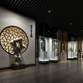 Traditional Cultural Center Interior Design With Wooden Screens Exhibition Cases And Calligraphy Works