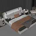 Modern Minimalist Double Bed With Gray Headboard Pillows Bedspread Nightstand And Armchair