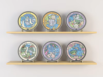 Decorative Colorful Circular Plates With Cartoon Patterns Arranged On Two Wooden Shelves 3d model