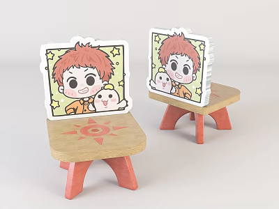 Cute Children's Chairs With Wooden Seat Red Legs And Cartoon Stickers Of Red Haired Kid 3d model