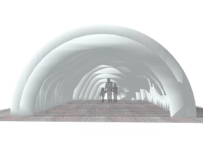 White Tensile Membrane Arched Structure With Interior Wooden Floor And People Walking 3d model
