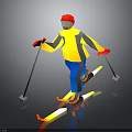 Skier Skiing With Poles Skis In Yellow Gray Jacket Red Hat Gloves On Gray Background