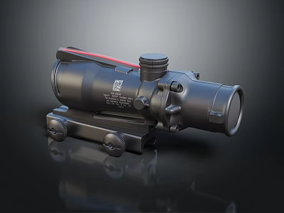 Black Tactical Rifle Scope With Red Accent And Mounting Base On Dark Surface 3d model
