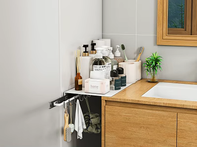 Stylish Bathroom Vanity With Wooden Countertop Toiletries Small Potted Plant And Wooden Framed Mirror 3d model