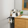 Stylish Bathroom Vanity With Wooden Countertop Toiletries Small Potted Plant And Wooden Framed Mirror