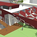 Modern Red Roof Sales Office Building With Trees Pedestrians And High Rise Buildings