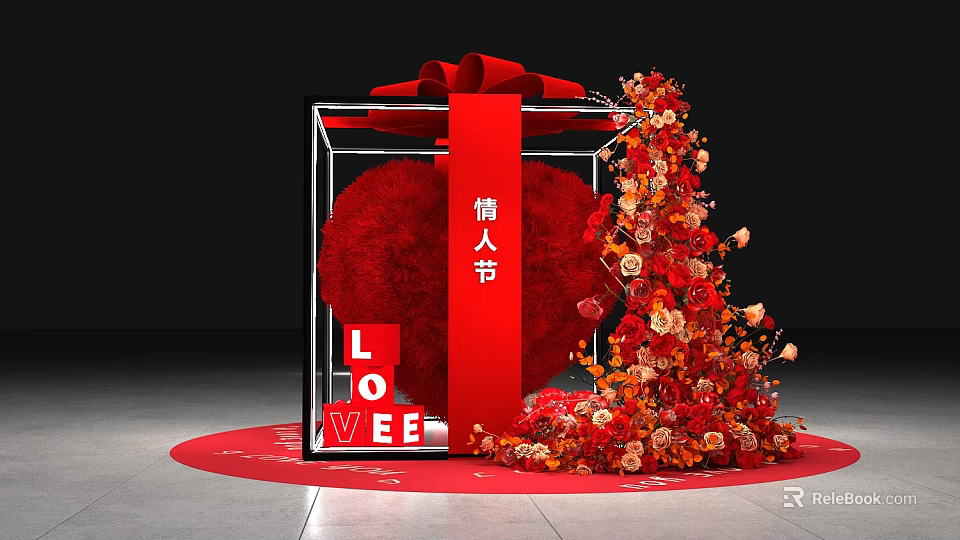 Valentine's Day Decor with Red Heart Gift Box LOVE Letters and Flower Arrangement 3d model 