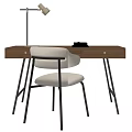 Modern Wooden Desk and White Chair Set with Metal Lamp and Books
