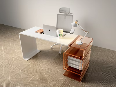 Modern Office Desk With Laptop Coffee Cup Desk Lamp White Chair And Brown File Cabinet 3d model