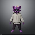 3D Purple Raccoon Character With Golden Crown Green Eyes White Hoodie And Dark Pants
