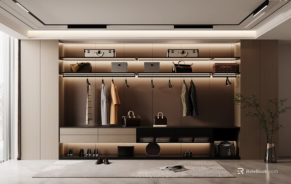 Modern Wardrobe Design With Hanging Rails Storage Shelves LED Lighting And Organized Storage 3d model 