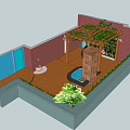 Beautiful Courtyard Garden Featuring Wooden Pergola with Green Vines Pink Flowers and Bamboo