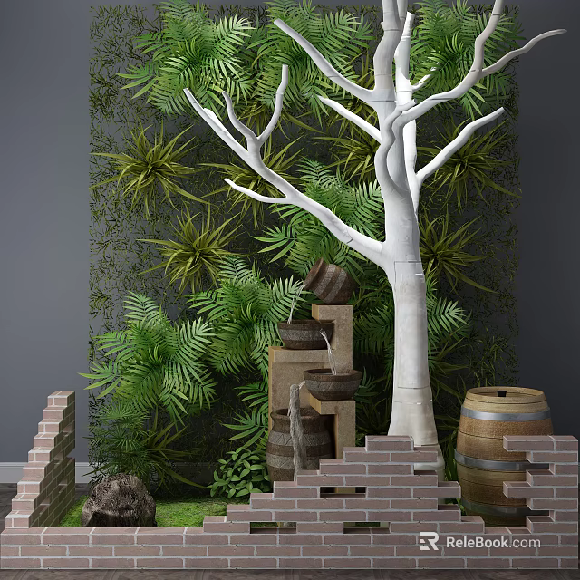 Garden Accents With Green Plant Wall White Bare Tree Branch Brick Wall And Wooden Barrel 3d model 
