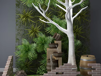 Garden Accents With Green Plant Wall White Bare Tree Branch Brick Wall And Wooden Barrel 3d model