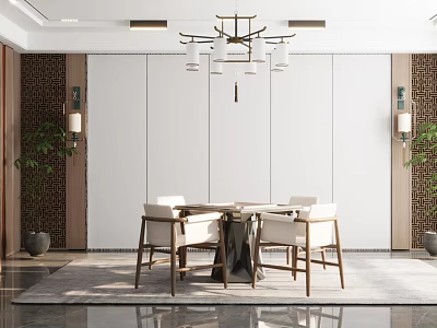 Hotel Mahjong Room Interior With Modern Wooden Table Chairs Hanging Chandelier And Green Plants 3d model