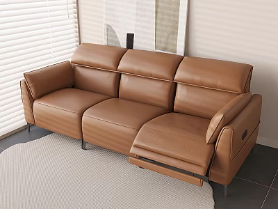 Modern Brown Leather Three Seater Sofa With Window Blinds And Area Rug 3d model