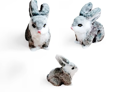 Three Adorable Gray and White Stuffed Rabbit Plush Dolls with Soft Fur 3d model