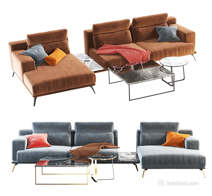 Modern Sectional Sofas Brown And Blue With Cozy Throw Pillows Blankets And Coffee Tables 3d model