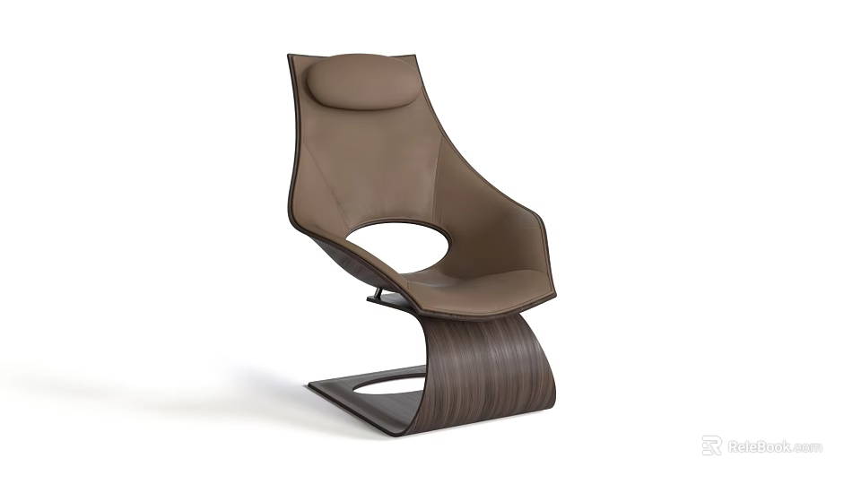 Modern Brown Leather Single Chair With Wooden Curved Base And Stylish Design 3d model 