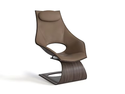 Modern Brown Leather Single Chair With Wooden Curved Base And Stylish Design 3d model