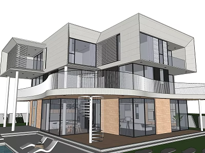 Modern Detached Villa Exterior With Large Glass Windows Spiral Staircase And Terrace 3d model