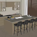 Modern Kitchen Interior With Wooden Cabinets Island Storage Shelves And Black Bar Stools
