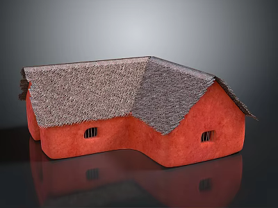 Traditional Red Building with Thatched Roof and Unique Curved Structure Small Windows 3d model