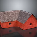 Traditional Red Building with Thatched Roof and Unique Curved Structure Small Windows