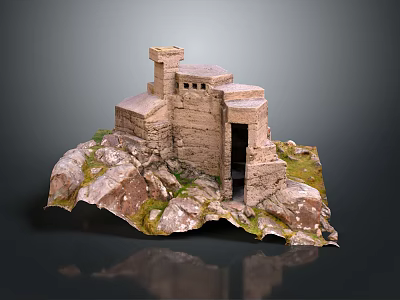 Ancient Stone Building Model on Rocky Terrain with Steps and Mossy Details 3d model