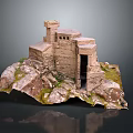 Ancient Stone Building Model on Rocky Terrain with Steps and Mossy Details