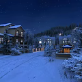 Snowy Winter Landscape With Snow Covered Houses Trees And Starry Night Sky