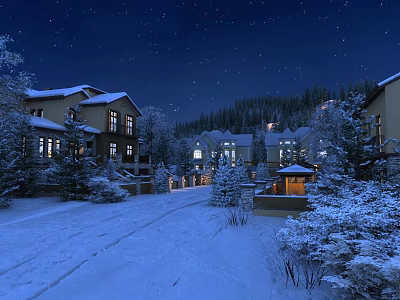 Snowy Winter Landscape With Snow Covered Houses Trees And Starry Night Sky 3d model