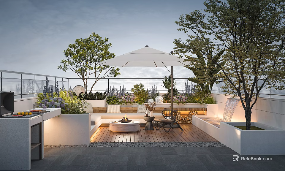 Cozy Outdoor Garden Terrace With White Umbrella Sofa Fire Pit And Green Trees 3d model 