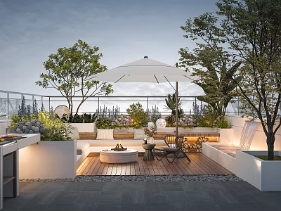 Cozy Outdoor Garden Terrace With White Umbrella Sofa Fire Pit And Green Trees 3d model